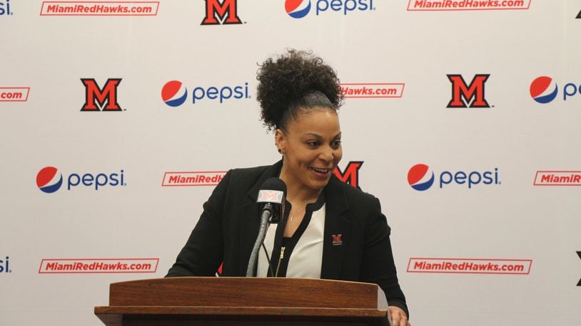 DeUnna Hendrix was introduced Wednesday as the new women’s basketball coach at Miami Univeristy. Greg Billing/CONTRIBUTED