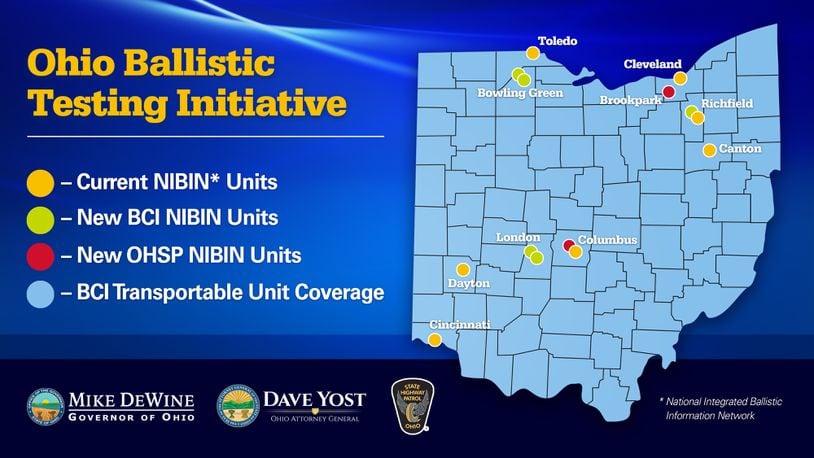 Show is a graphic of the where current NIBIN units are in Ohio and were new ones will be located. / CONTRIBUTED BY GOVERNOR'S OFFICE
