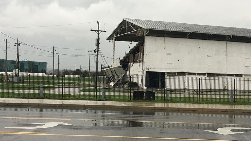 The Montgomery County Fairgrounds historic grandstand sustained damage in Wednesday night’s storm. KATIE WEDELL / STAFF