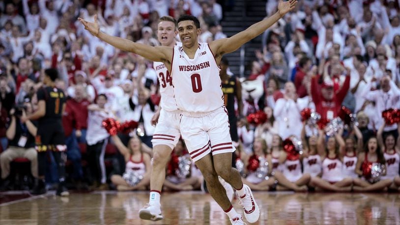 MADISON, WISCONSIN - FEBRUARY 01:  D'Mitrik Trice #0 of the Wisconsin Badgers reacts in the second half against the Maryland Terrapins at the Kohl Center on February 01, 2019 in Madison, Wisconsin. (Photo by Dylan Buell/Getty Images)