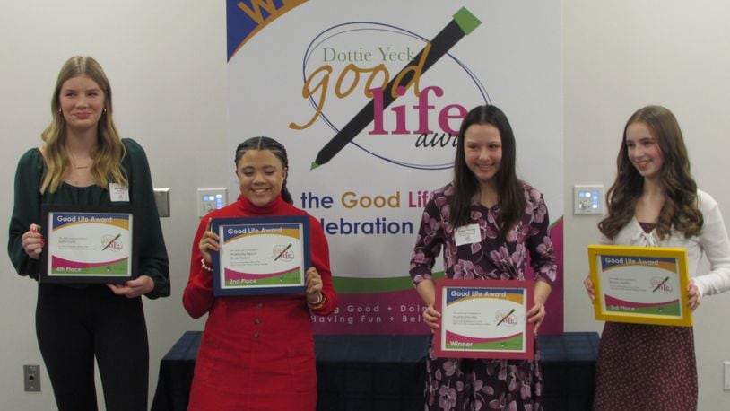 The 2023 Dottie Yeck Good Life Award winners (left to right): Fourth-place winner Incarnation Catholic School seventh-grader Kate Kohls, second-place winner Kettering Fairmont High School freshman Adelaide Beach Knox Perkins, first-place winner Oakwood High School freshman Audrey Havrilla, and third-place winner Miami Valley School seventh-grader Emma Myers. CONTRIBUTED