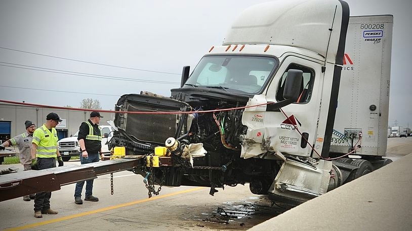 A crash involing multiple vehicles, including a semi truck, was reported on Tuesday, April 23, 2024, on Interstate 70 West near state Route 201 and Brandt Pike in Huber Height. STAFF / MARSHALL GORBY.
