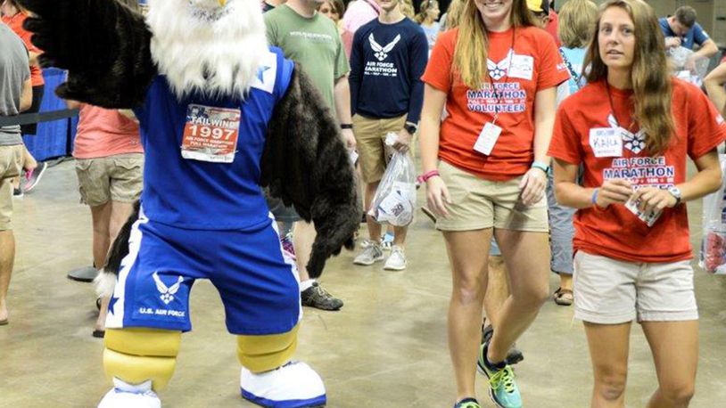 New to the marathon last year was the introduction of the official Air Force Marathon mascot, Tailwind, who will once again serve as a goodwill ambassador during the 2017 Air Force Marathon Sports and Fitness Expo Sept. 14-15. (U.S. Air Force photo/Rick Perron)