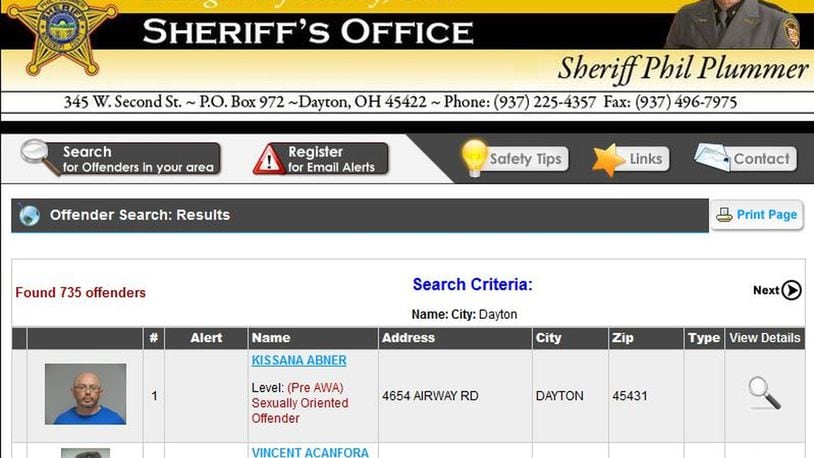 The Montgomery County Sheriff’s website offers a search tool for all sex offenders in the county. There were 735 registered offenders in the city of Dayton as of Friday afternoon.