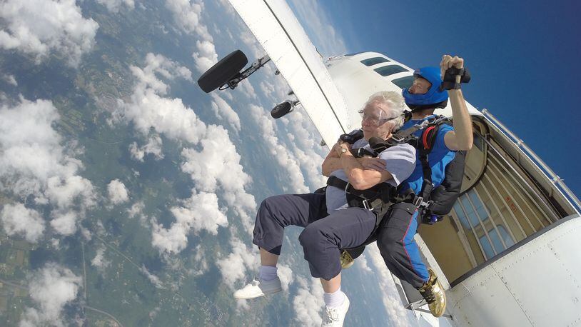 Betty Diem, 84, fulfills a wish on her “bucket list” by skydiving on Monday July 10, 2017, in Perkasie, Pa. Wesley Enhanced Living friend Frances Lock, 85, jumped too. (Skydive Philadelphia)