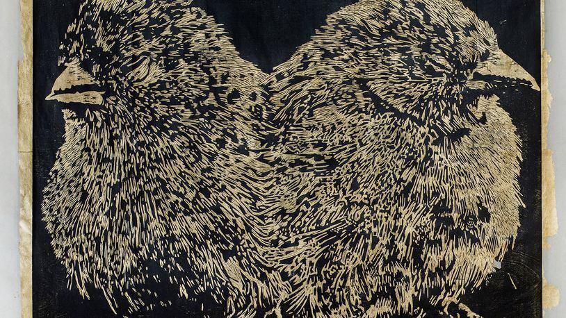 “Two Birds with One Stone” relief print by Emily Sullivan Smith of Kettering, won Best in Show at the 12th Annual Print Show at 48 High Street gallery. CONTRIBUTED