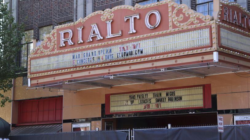 The Rialto Theater in downtown El Dorado, Ark., is shown on Friday, Sept. 29, 2017. The building will undergo a $32 million renovation as the second phase of the Murphy Arts District, as residents of the city create an entertainment hub in an effort to return to its glory years from nearly a century ago. (AP Photo/Kelly P. Kissel)
