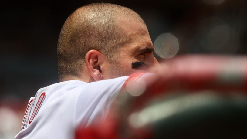 Joey Votto, of the Reds, watches the action during a game against the Colorado Rockies on Wednesday, June 21, 2023, at Great American Ball Park in Cincinnati. David Jablonski/Staff