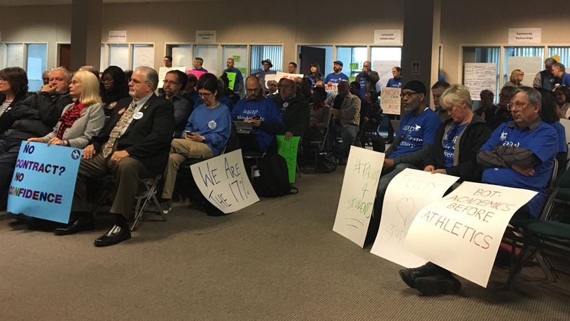 FILE: Wright State faculty union members protested at a board of trustees meeting. The union and administration have been negotiating a new contract for more than a year.