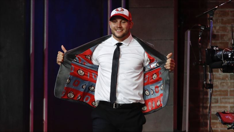 NASHVILLE, TENNESSEE - APRIL 25: Nick Bosa walks onto the stage after being picked 2nd overall by the San Francisco 49ers on day 1 of the 2019 NFL Draft on April 25, 2019 in Nashville, Tennessee. (Photo by Frederick Breedon/Getty Images)