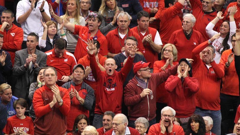Fans of the Dayton Flyers cheer during a NCAA tournament game against Wichita State on March 17, 2017, at Bankers Life Fieldhouse in Indianapolis.