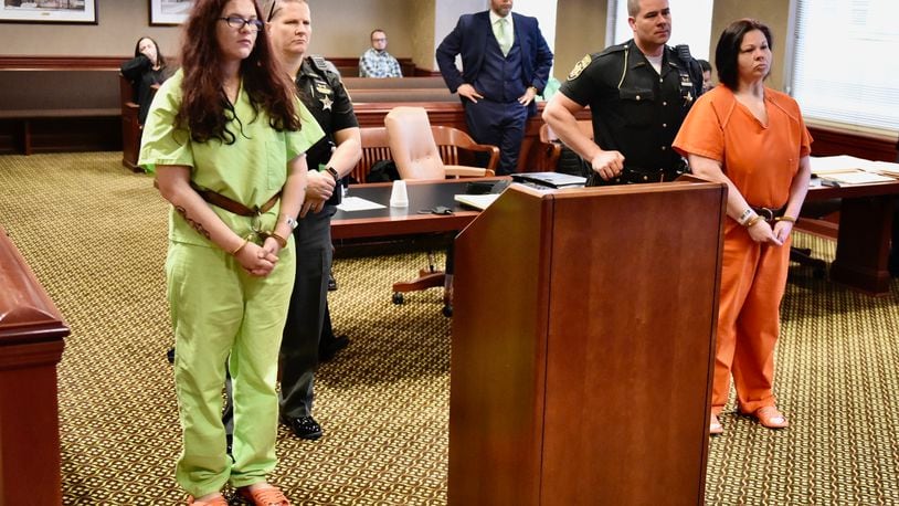 Chelsea Bussell, left, and Jamie Strack, right were arraigned Tuesday in Butler County Common Pleas Court for involuntary manslaughter and kidnapping for the shooting death of Brandon York in December. NICK GRAHAM/STAFF