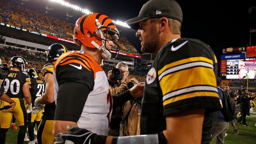 PITTSBURGH, PA - OCTOBER 22: Ben Roethlisberger #7 of the Pittsburgh Steelers shakes hands with Andy Dalton #14 of the Cincinnati Bengals at the conclusion of the Pittsburgh Steelers 29-14 win over the Cincinnati Bengals at Heinz Field on October 22, 2017 in Pittsburgh, Pennsylvania. (Photo by Justin K. Aller/Getty Images)