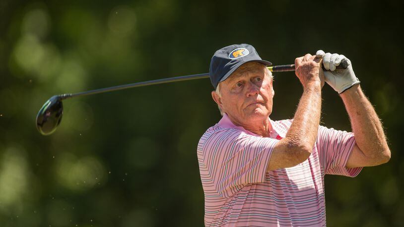 Ohio's Jack Nicklaus plays his tee shot at the tenth hole during the 3M Greats of Golf exhibition, played during the second round of the PGA TOUR Champions Insperity Invitational at The Woodlands Country Club on May 6 in The Woodlands, Texas.