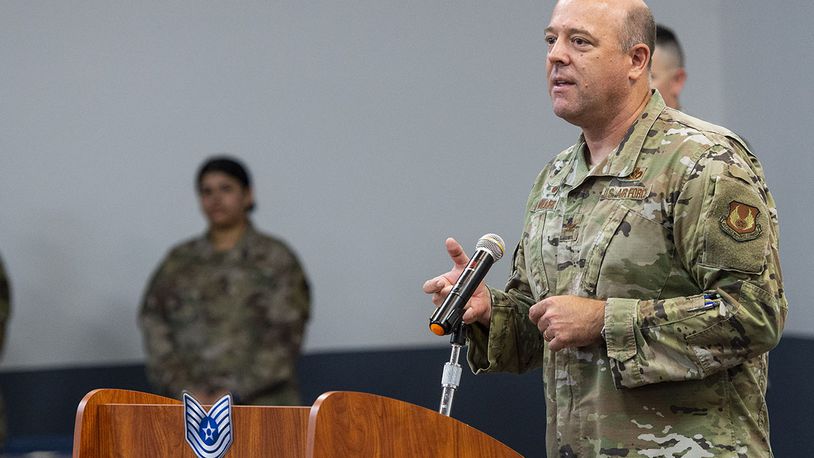 Col. Patrick Miller, 88th Air Base Wing and installation commander, provides closing remarks June 30 during the 2021 Technical Sergeant Release Party inside the Hope Hotel near Wright-Patterson Air Force Base. U.S. AIR FORCE PHOTO/WESLEY FARNSWORTH