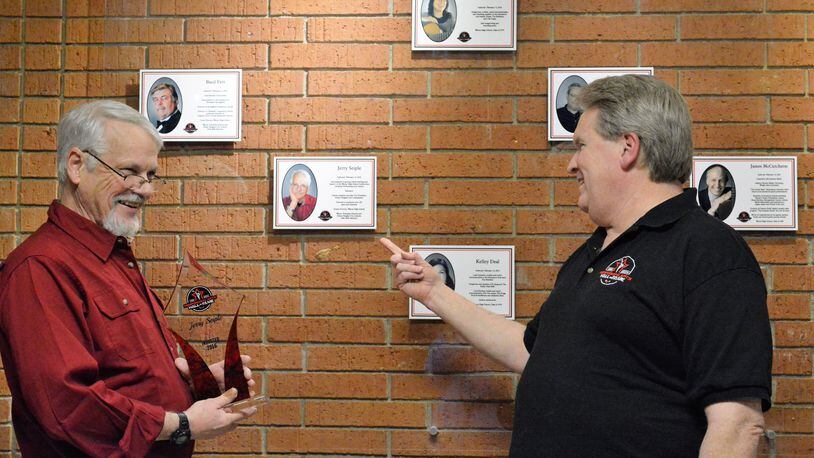 Jerry Seiple (left) and David Thomas discuss the Huber Heights Performing Arts Hall of Fame. CONTRIBUTED