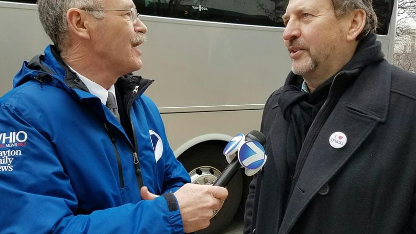WHIO-TV reporter Jim Otte interviews Kevin Burch, president of Jet Express in Dayton and the American Trucking Association. Otte will be inducted into the Dayton Area Broadcasters Hall of Fame in September. CONTRIBUTED