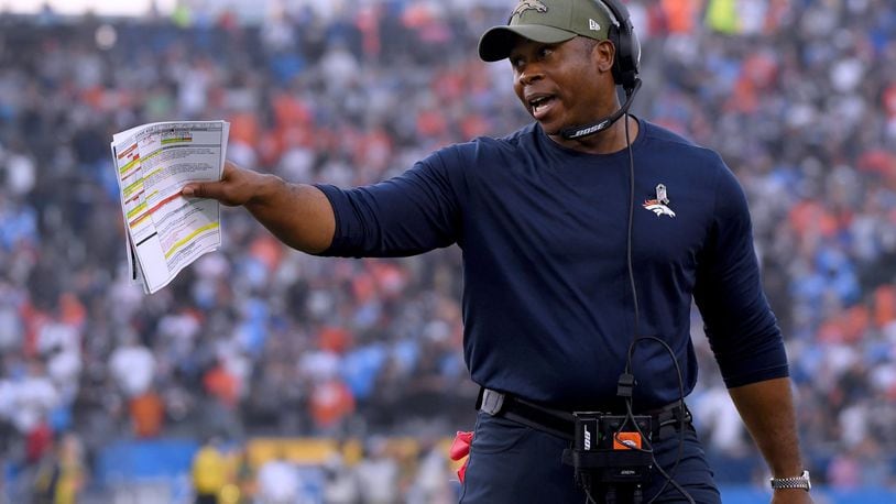 CARSON, CA - NOVEMBER 18: Head coach Vance Joseph of the Denver Broncos argues with the officials after a last second field goal was called back due to a Los Angeles Chargers timeout at StubHub Center on November 18, 2018 in Carson, California. The Broncos would make a last second field goal to win the game. (Photo by Harry How/Getty Images)