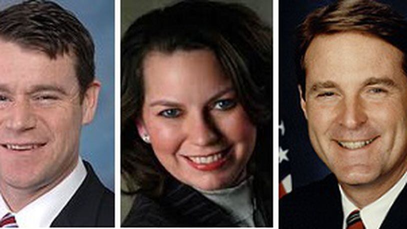 Candidates for Indiana Senate seat Republican Todd Young, Libertarian Lucy Brenton and Democrat Evan Bayh