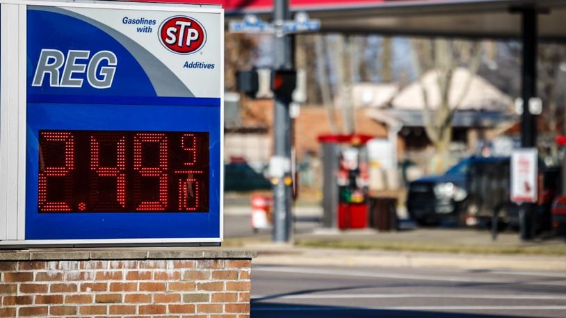 Dayton area gas prices have fallen for 11 consecutive weeks. The Marathon in New Lebanon is selling gas for $2.49 a gallon. JIM NOELKER/STAFF