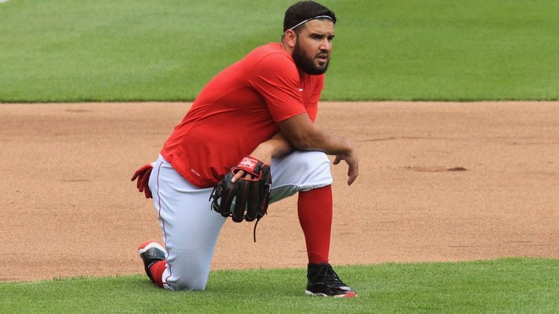 Reds third baseman Eugenio Suarez at the first workout of Summer Camp at Great American Ball Park on Friday, July 3, 2020, in Cincinnati. David Jablonski/Staff