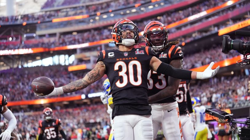 Cincinnati Bengals free safety Jessie Bates celebrates after intercepting the ball during the 2022 Super Bowl in Inglewood, Calif. Feb. 13, 2022. (AJ Mast/The New York Times)