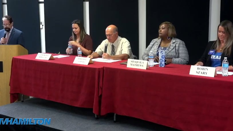 Candidates for the Hamilton School Board addressed questions on Monday, Oct. 2, 2023, at a forum hosted by the Greater Hamilton Chamber of Commerce in partnership with TVHamilton and Miami Downtown Hamilton. PROVIDED