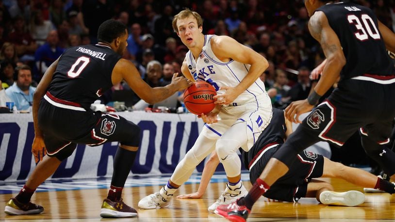 GREENVILLE, SC - MARCH 19: Luke Kennard #5 of the Duke Blue Devils handles the ball in the second half against the South Carolina Gamecocks during the second round of the 2017 NCAA Men’s Basketball Tournament at Bon Secours Wellness Arena on March 19, 2017 in Greenville, South Carolina. (Photo by Gregory Shamus/Getty Images)