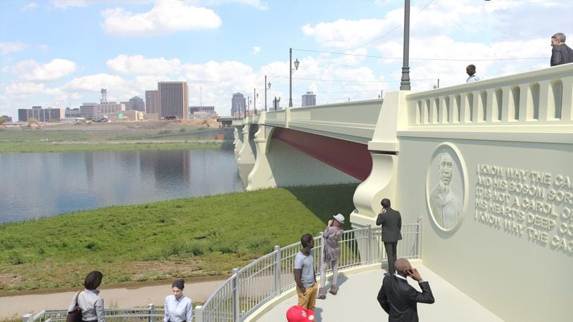 An architect’s rendering shows how Montgomery County’s most expensive bridge project - a planned $21.6 million span of Third Street across the Great Miami River - will look when the project is completed by the end of 2022. A panel at right honors the Dayton poet Paul Laurence Dunbar. SUBMITTED / CREATIVE DESIGN RESOLUTIONS, INC.