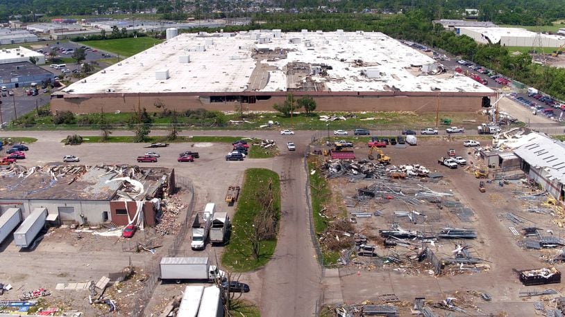 Many business in Old North Dayton's industrial park were severely damaged after a tornado ripped through the area on Memorial Day. This view looking north shows the damage at Dayton Phoenix, top, KAP Signs, lower left, and Allied Fence, right.