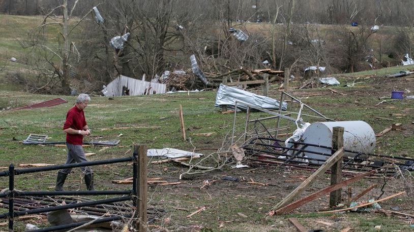 Debris litters a field after a tornado touched down in McCracken County, Ky., on Thursday, March 14, 2019.