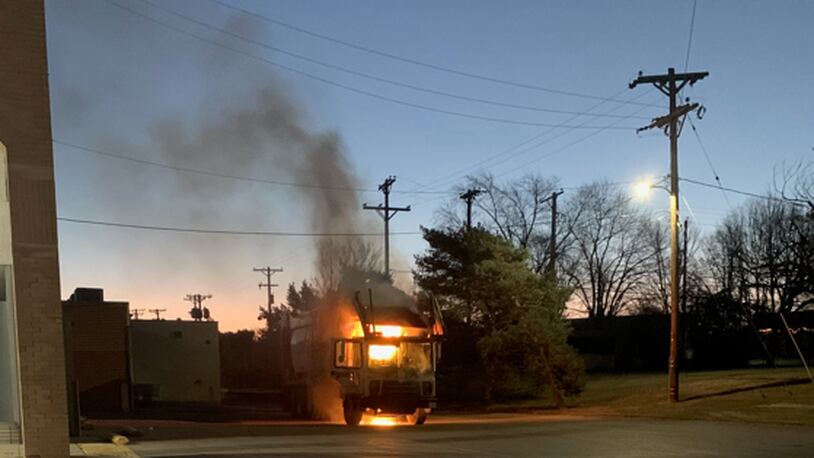 No injuries were reported when a Rumpke trash truck caught fire Thursday, Dec. 23, 2021 in Miamisburg. Photo courtesy Rumpke Safety Team
