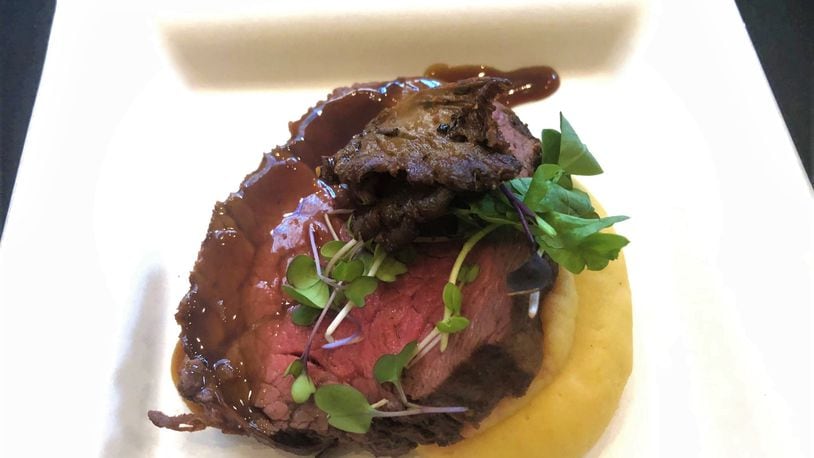 Grilled Beef Tenderloin with Port Wine Demi-Glace, Oven-Roasted Oyster Mushrooms and Butternut Squash Mashed Potatoes, served by Scott Pobuda, executive chef of the University of Dayton, at the March of Dimes Signature Chef Event on Oct. 7, 2019. The dish won both the Judges’ Award and the People’s Choice Award.