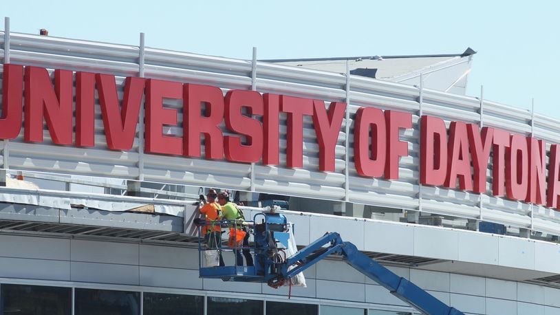 The new sign on top of UD Arena is pictured on Thursday, Oct. 3, 2019. David Jablonski/Staff