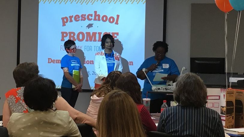 Preschool teacher Vanessa Roy (right) talks about her work with Northern Hills Child Care owner Mary Kay Watkins (left) and Preschool Promise coach Sandra Raye-Redmond to improve her teaching. Teachers, school directors, donors and others gathered at the Miami Valley Regional Center in Riverside on June 8, 2017 to celebrate the end of Preschool Promise’s 2016-17 Demonstration year. JEREMY P. KELLEY / STAFF