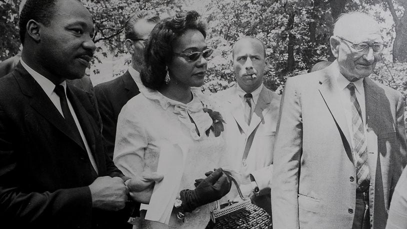 Coretta Scott King, pictured at Antioch College in Yellow Springs, with her husband Martin Luther King Jr. News-Sun file photo by Howard O. Weber