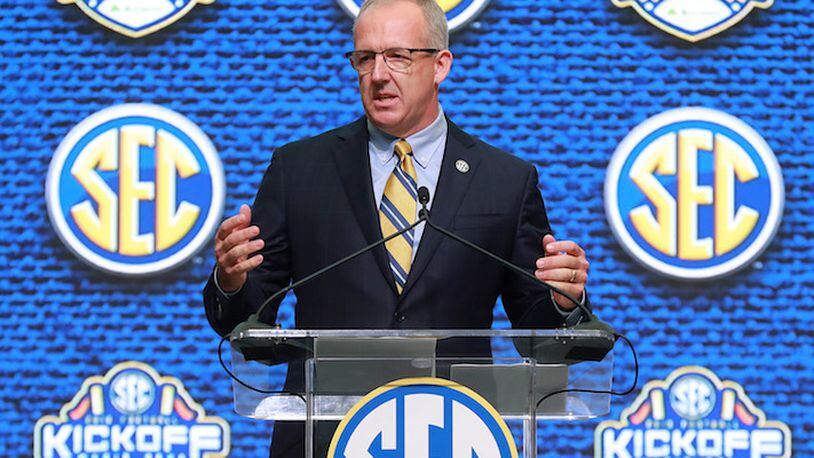 Commissioner Greg Sankey holds a press conference to open SEC Media Days at the College Football Hall of Fame on Monday, July 16, 2018 in Atlanta, Ga. (Curtis Compton/Atlanta Journal-Constitution/TNS)