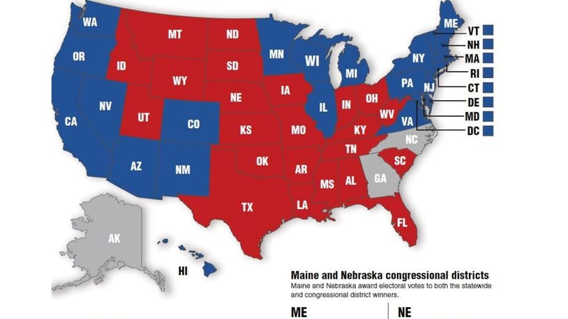 This Associated Press presidential election projection map appeared in the Dayton Daily News Sunday, November 8.