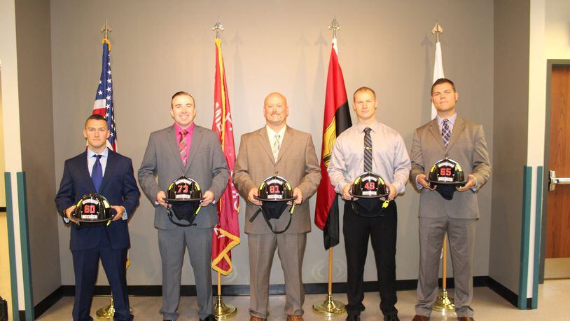Hamilton’s five new firefighters (from left) are: Jonathon Godby, Ethan Black, Toby Howell, Mike Lehman and Aaron Handy. CONTRIBUTED