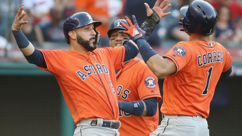 CLEVELAND, OH - OCTOBER 08:  Carlos Correa #1 of the Houston Astros celebrates with Marwin Gonzalez #9 after hitting a three-run home run in the eighth inning against the Cleveland Indians during Game Three of the American League Division Series at Progressive Field on October 8, 2018 in Cleveland, Ohio.  (Photo by Gregory Shamus/Getty Images)