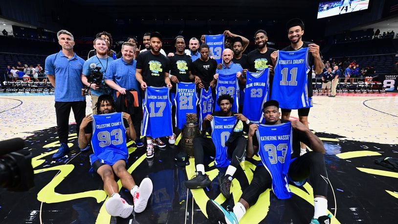 Blue Collar U poses for a photo after winning The Basketball Tournament on Tuesday, Aug. 2, 2022, at UD Arena. Photo by Ben Solomon for TBT