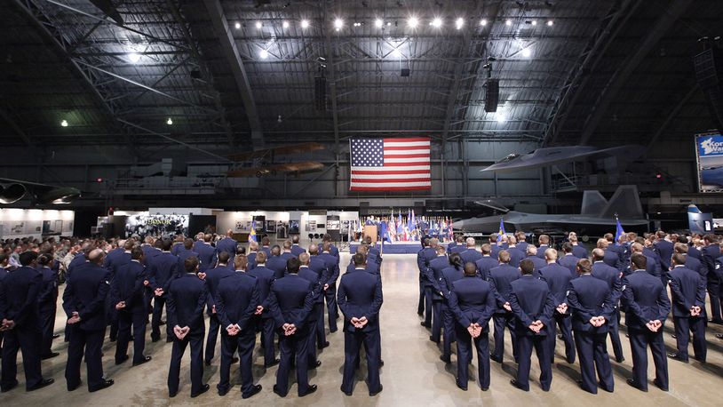 National Air and Space Intelligence Center (NASIC) airmen stand at parade rest during change-of-command ceremony in 2018 at the National Museum of the U.S. Air Force. FILE