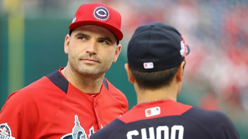 The Reds’ Joey Votto talks to Shin Soo-Choo during Gatorade All-Star Workout Day at Nationals Park on July 16, 2018 in Washington, DC. (Photo by Rob Carr/Getty Images)