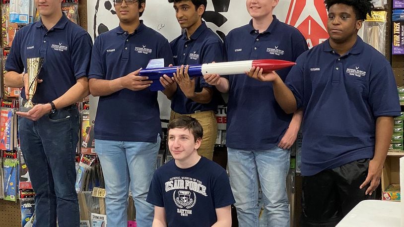 Team Titan, the National Museum of the U.S. Air Force’s entry in The American Rocketry Challenge, includes: Noah Hall (front row, kneeling); second row (from left): Harrison Jacob, Shourjo Ganguli, Aditya Anand, Adam Bellware and Olondo Dillard. CONTRIBUTED PHOTO