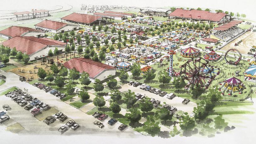Plans unveiled for the new Montgomery County Fairgrounds site in Jefferson Twp. call for three air-conditioned and heated buildings to keep and attract year-round events. Seven buildings and an office are planned during the first phase of development. SUBMITTED BY MONTGOMERY COUNTY AGRICULTURAL SOCIETY