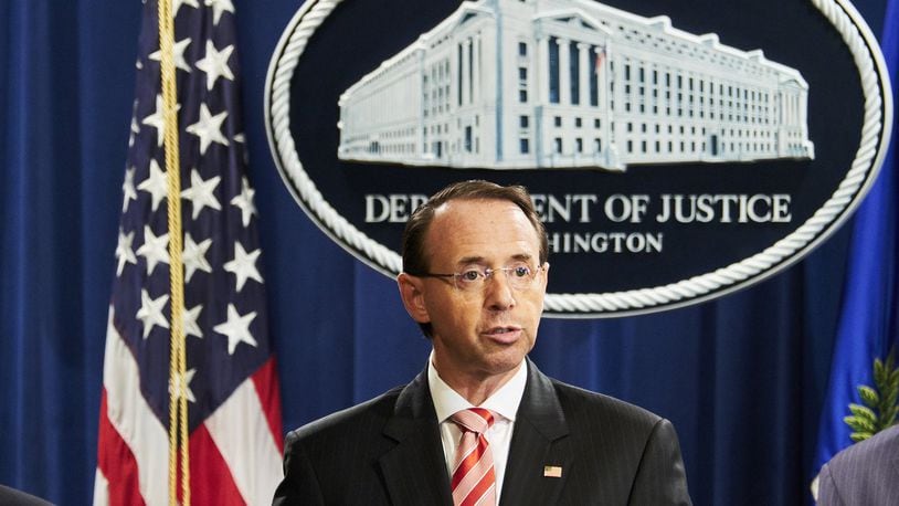 Deputy Attorney General Rod Rosenstein at a news conference at the Justice Department in Washington, July 13, 2018. Rosenstein on Friday announced new charges against 12 Russian intelligence officers accused of hacking the Democratic National Committee and the Clinton presidential campaign. The announcement came just a few days before President Donald Trump is expected to meet with President Vladimir Putin of Russia in Finland. (T.J. Kirkpatrick/The New York Times)
