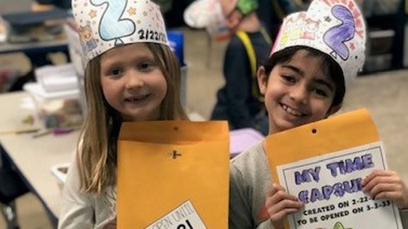 First-graders at Clearcreek Elementary in Springboro celebrated "Twosday" on Feb. 22 Courtesy of Alyce Haren.