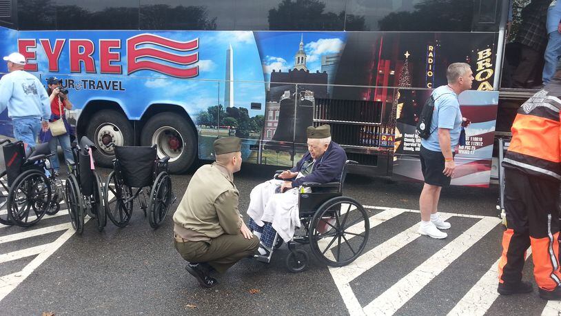 FILE: Chester Dunn, veteran of the Marine Corps and a resident of Otterbein Lebanon Senior Lifestyle Community, shares his experiences with a young, active duty Marine during Dunn’s trip during October 2013 with Honor Flight to Washington, D.C.