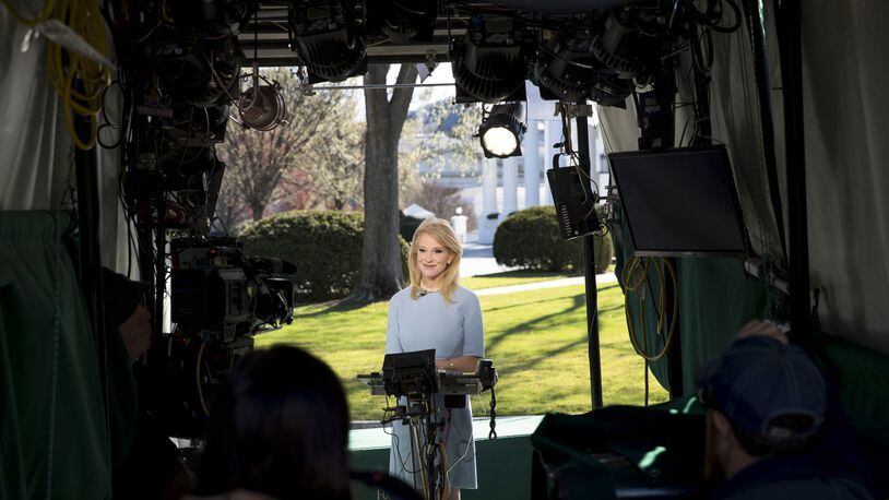 Kellyanne Conway, President Donald Trump’s senior adviser, outside the White House during an interview in Washington, March 8, 2017. Conway amplified Trump’s claim that President Barack Obama had tapped his telephone, suggesting on Monday that the former president’s surveillance effort could have employed any number of devices, even including a microwave oven. (Doug Mills/The New York Times)