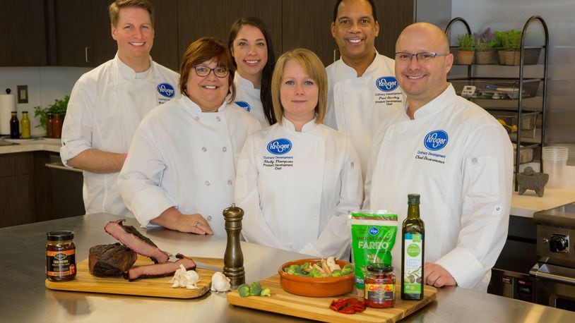 Chefs at Kroger's Culinary Innovation Center, a state-of-the-art test kitchen and education center in downtown Cincinnati.  From left, first row: Kathy Klingensmith, senior culinary chef for Our Brands; Shelly Thompson, product development chef; and Chad Desormeaux; culinary innovation chef. From left, second row: Brandon Fortener; product development chef; Alissa Weldy, culinary assistant; and Paul Sturkey, product development chef.